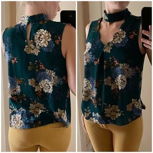 Floral Teal Choker Sleeveless Top with Keyhole Back
